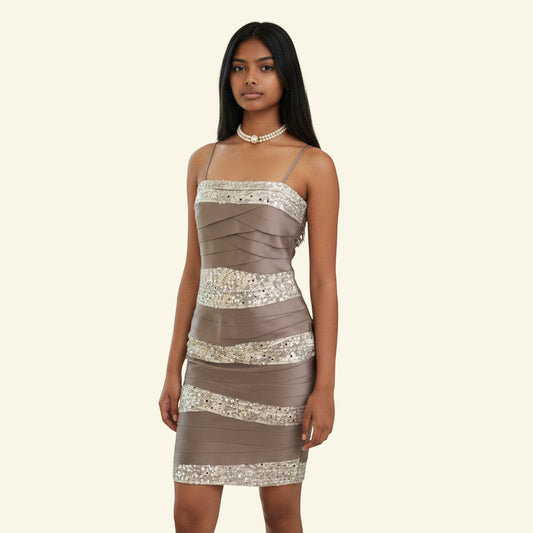 Timelessfashions Champagne Kate sleeveless layered lace dress with sequin detail and bandeau neckline. UK 8.