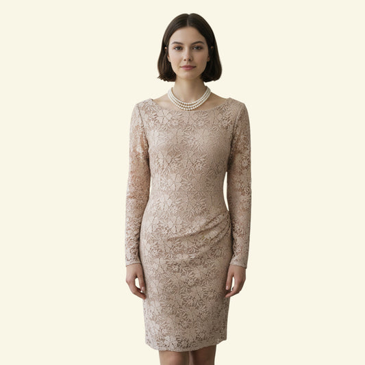 Timelessfashions champagne lace bodycon dress with 3/4 sleeves and gathering at the waist. UK 10.