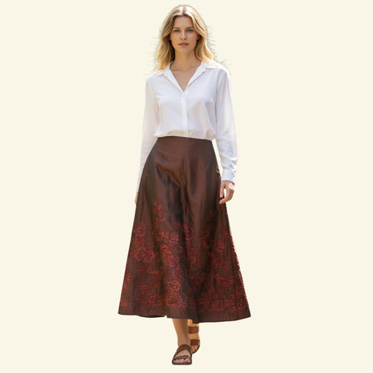 Timelessfashions claret red metallic floral maxi skirt, size UK 8. Features a shimmering crinkle fabric and embroidered rose pattern.