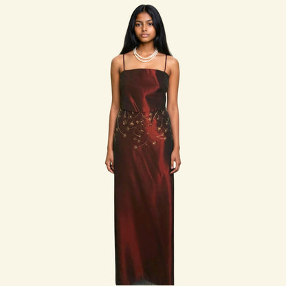 Timelessfashions claret satin two-piece skirt and backless bodice with gold beaded waist detail. UK 10/6.