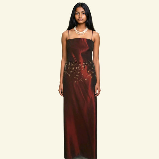 Timelessfashions claret satin two-piece skirt and backless bodice with gold beaded waist detail. UK 10/6.