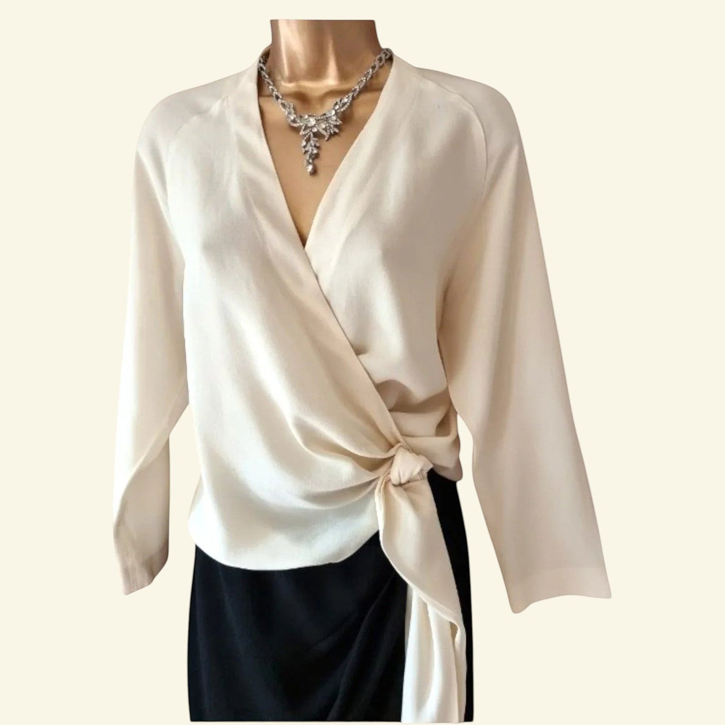 Timelessfashions Yigal Azrouel cream silk crossover ruched pencil dress with side tie detail and statement necklace.
