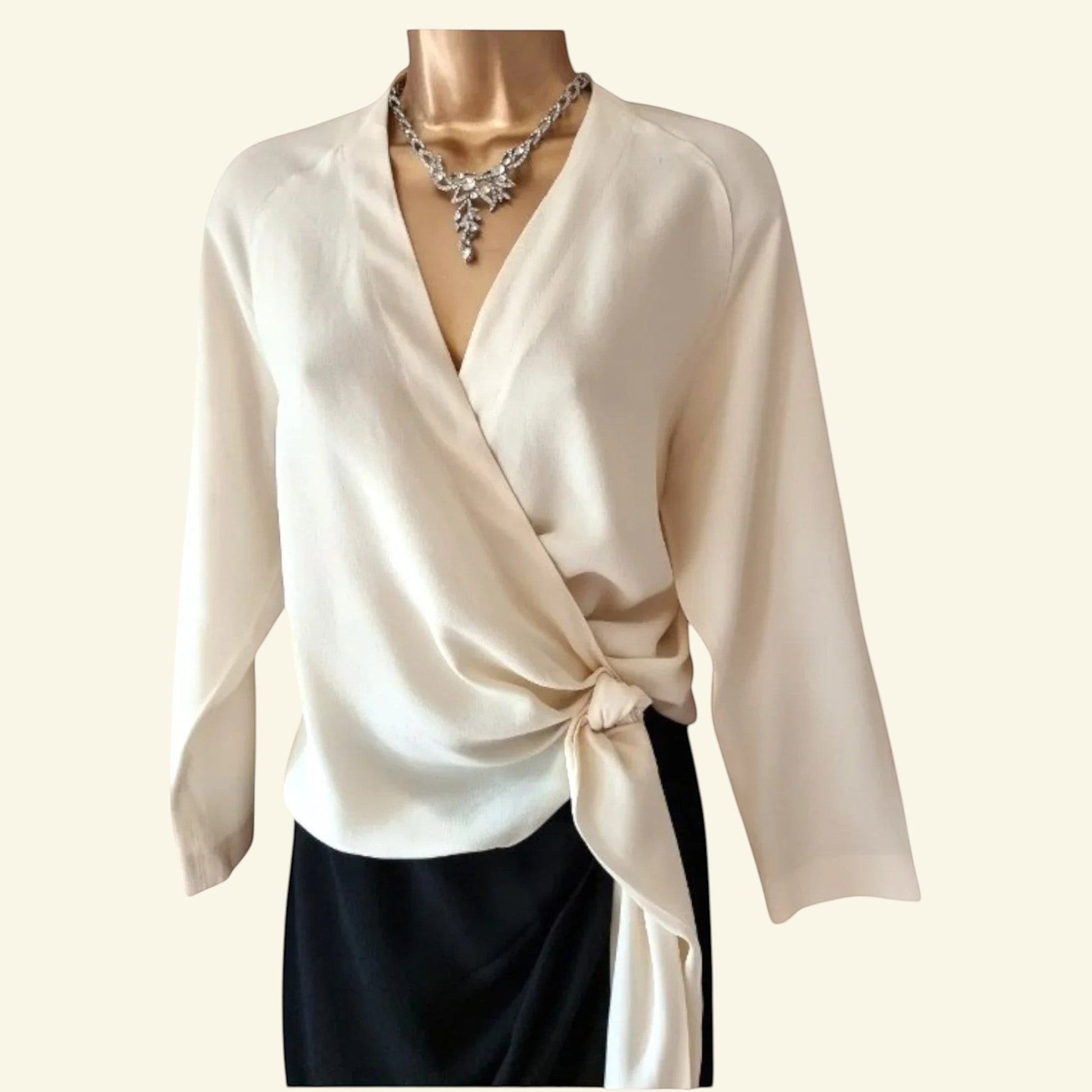 Timelessfashions Yigal Azrouel cream silk crossover ruched pencil dress with side tie detail and statement necklace.