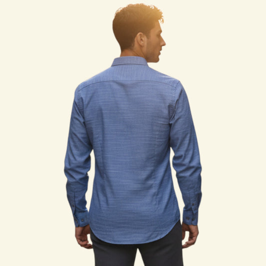 Timelessfashions DKNY men's blue pure cotton slim fit long sleeve check shirt, size XL. Features a button-down collar and subtle stripe pattern.