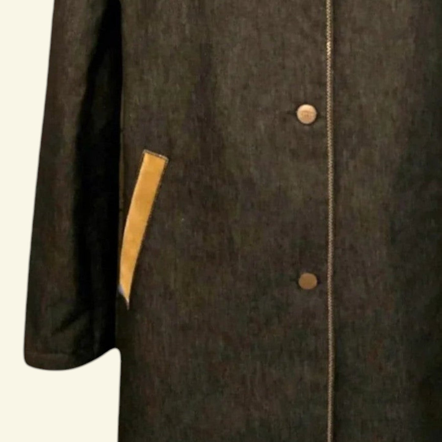 Timelessfashions Gianfranco Ferre dark wash denim pea coat with tan accents and gold lining. Size 16.