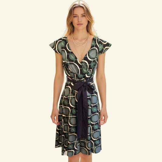 Timelessfashions green, navy, and white patterned silk midi dress with V-neck, tie belt, and cap sleeves.