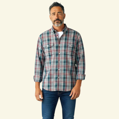 Timelessfashions Men's green, red, and white plaid long sleeve 100% cotton Oxford shirt with button-down front and two chest pockets.