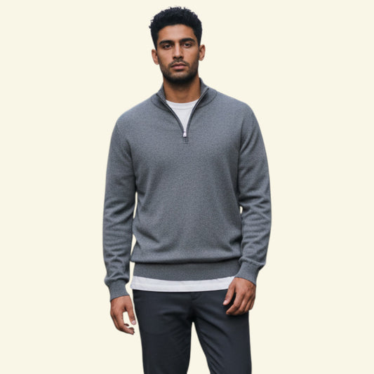 Timelessfashions men's grey 100% cotton fine knit quarter zip sweater, size XXL.