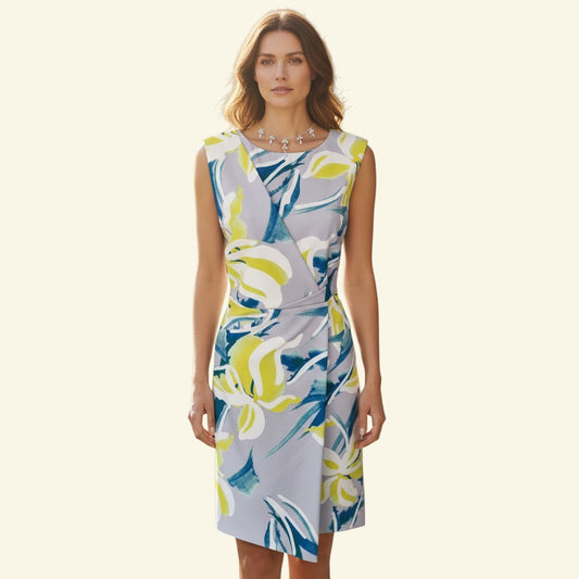 Michaela Louisa grey, multicolour sleeveless floral print wrap dress, size UK 12. Polyester blend.