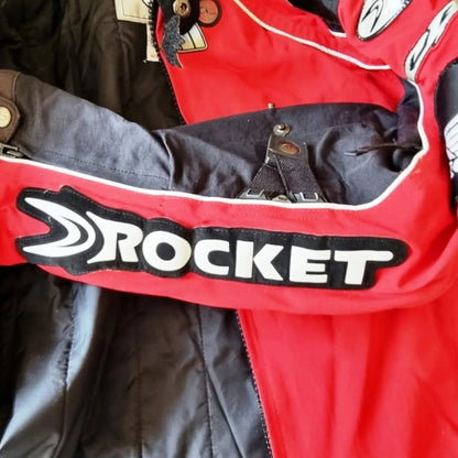 Timelessfashions Honda Joe Rocket red & black women's motorbike jacket with adjustable straps, protective padding, and reflective details.