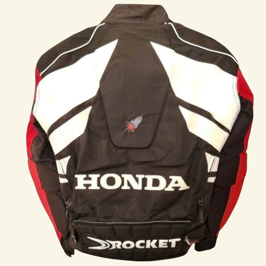 Timelessfashions Honda women's black, red, and white motorbike jacket with protective padding and adjustable straps. Size UK S.