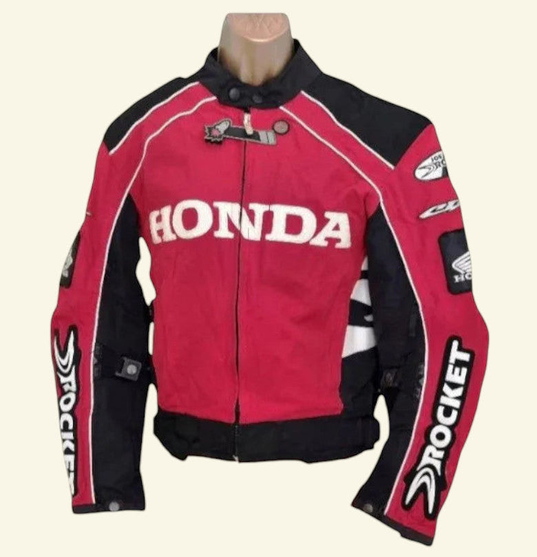 Timelessfashions Honda Joe Rocket red and black women's motorbike jacket with adjustable straps and protective padding.