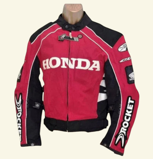 Timelessfashions Honda Joe Rocket red and black women's motorbike jacket with adjustable straps and protective padding.
