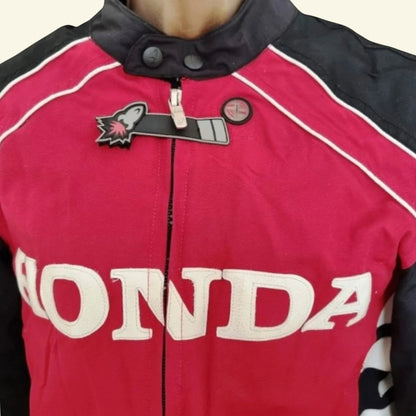 Timelessfashions Honda women's red and black motorbike jacket with white accents, adjustable straps, and protective padding.