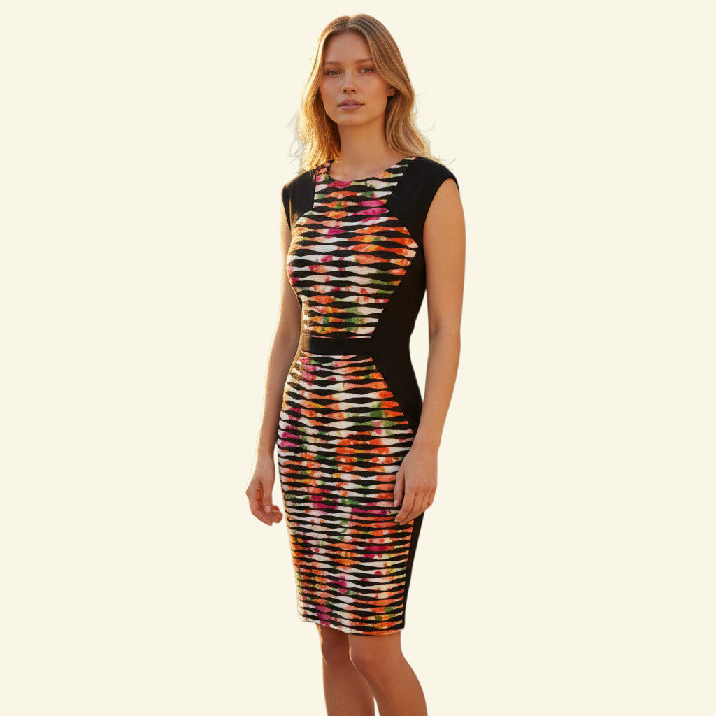 Joseph Ribkoff black bodycon dress with multicoloured floral print and horizontal stripe detail. Polyester-spandex blend.