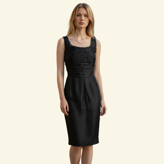 Timelessfashions L.K. Bennett black silk ruched pencil dress, size UK 10. Elegant evening wear.