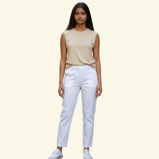 Timelessfashions Malibu Italian white stretch cropped summer trousers with split hem and bow detail. Size UK 10.