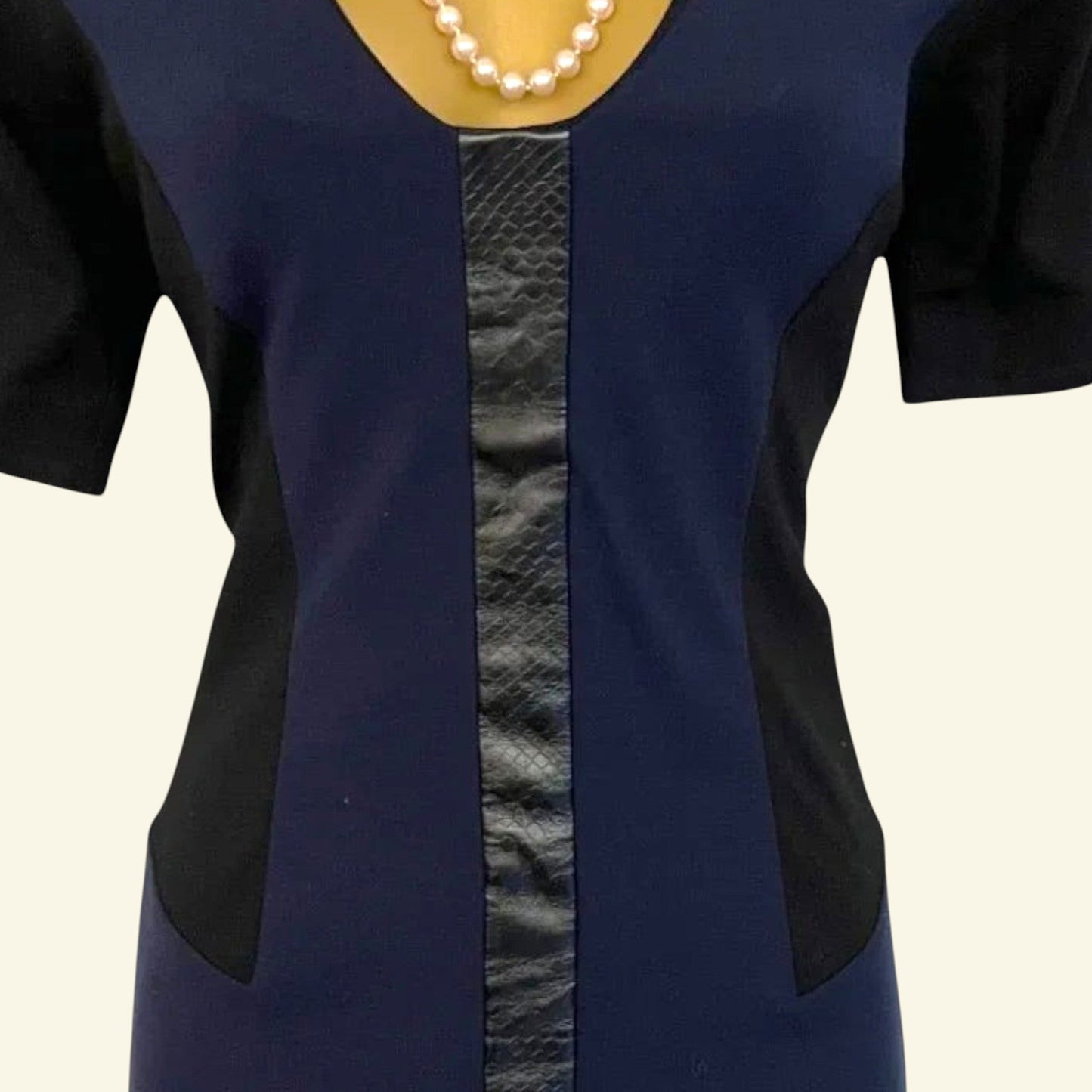 Timelessfashions Mary Portas navy and black colorblock dress with faux leather panel, short sleeves, and V-neck. UK 10.