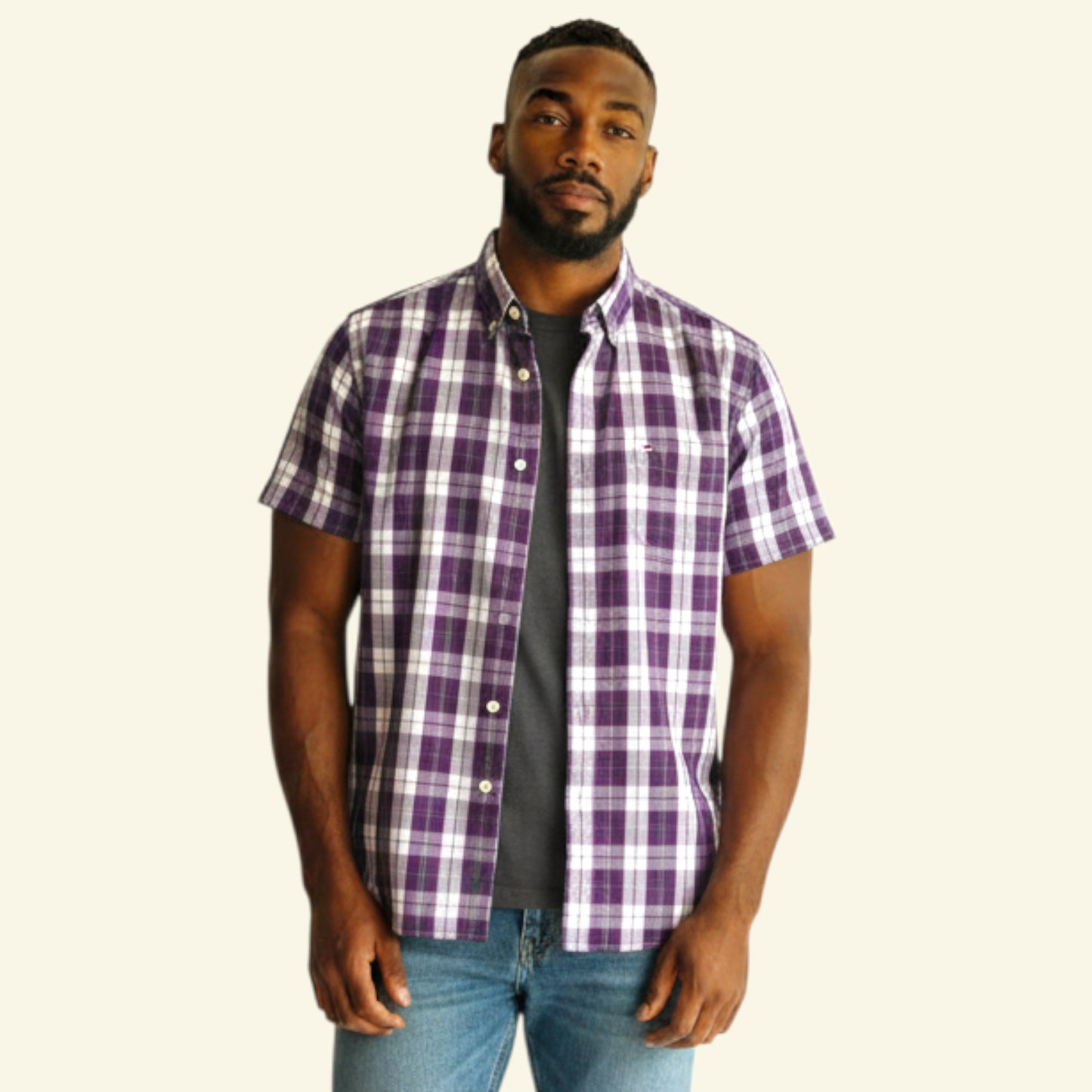Timelessfashions Men's Tommy Hilfiger mauve and white short sleeve 100% cotton checked Oxford shirt with pocket logo.
