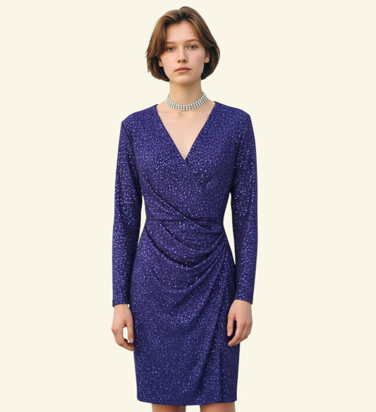 Timelessfashions midnight blue sequinned wrap dress with long sleeves, ruched front, and split hem. Polyester-elastane blend.