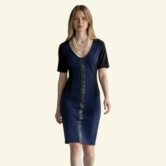 Timelessfashions navy and black colorblock dress with faux leather panel, short sleeves, and V-neck. UK 10.