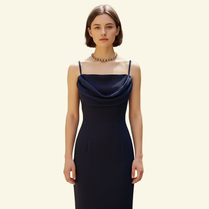 Timelessfashions Bonita of London navy crepe maxi dress with chiffon drape and spaghetti straps. UK 12.