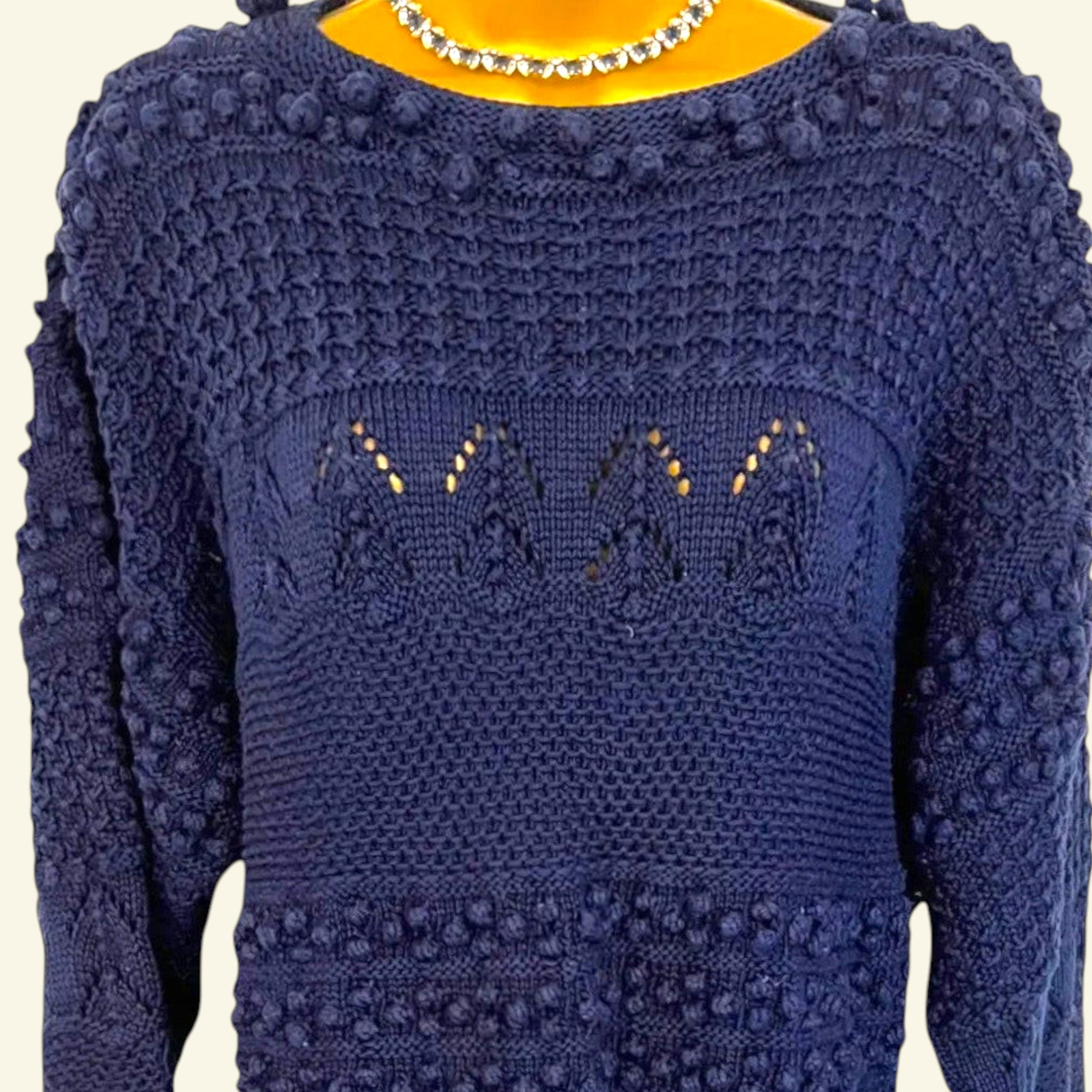 Timelessfashions navy blue 100% cotton knit jumper with bobble details and tassels. UK 14.
