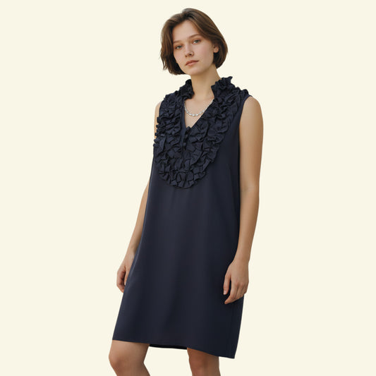 Timelessfashions navy blue sleeveless shift dress with ruffle neckline and button detail, size 12.