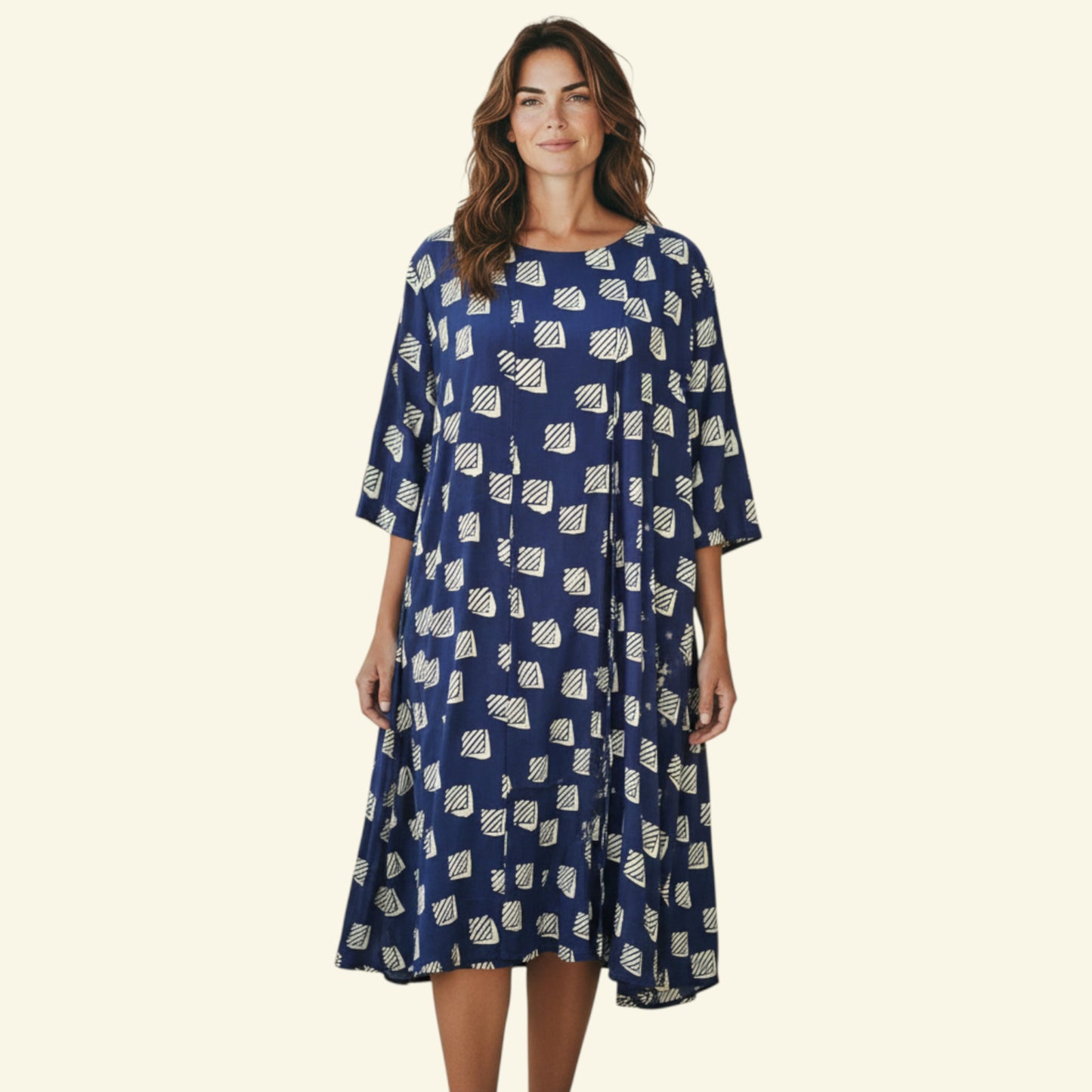 Timelessfashions navy and white 100% silk dress with attached overshirt, 3/4 sleeves, and a geometric print. UK 16.