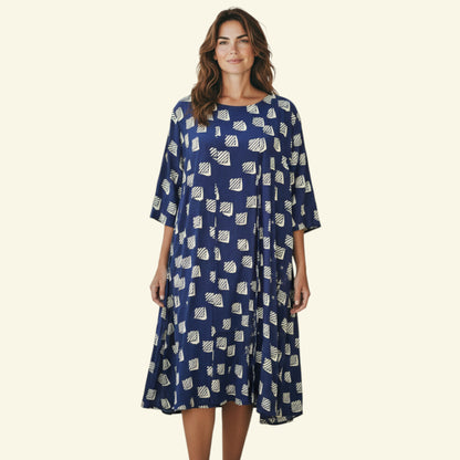 Timelessfashions navy and white 100% silk dress with attached overshirt, 3/4 sleeves, and a geometric print. UK 16.