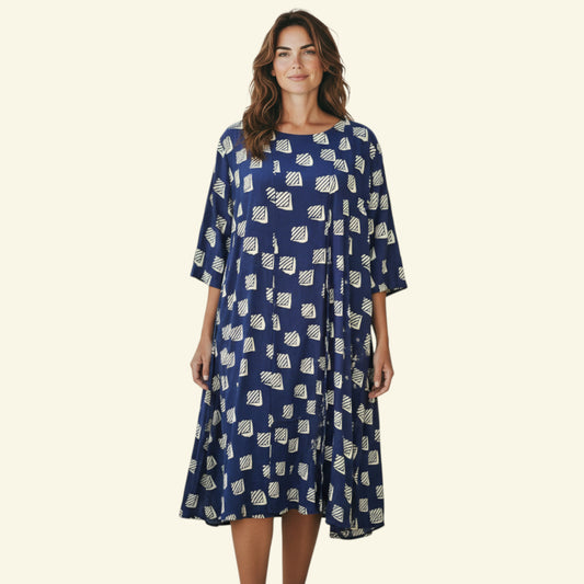 Timelessfashions navy and white 100% silk dress with attached overshirt, 3/4 sleeves, and a geometric print. UK 16.