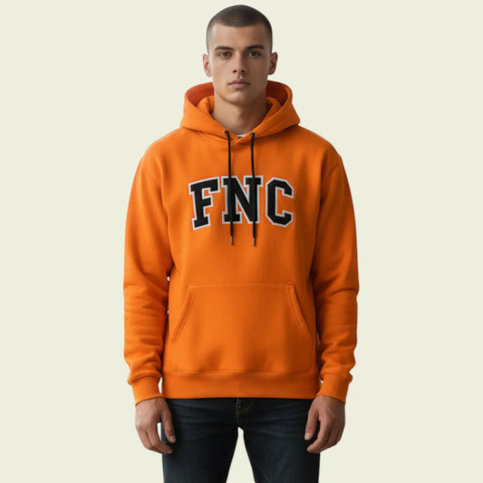 Timelessfashions orange 100% cotton unisex hoodie with central FNC logo and front pocket. Model wears size UK L.