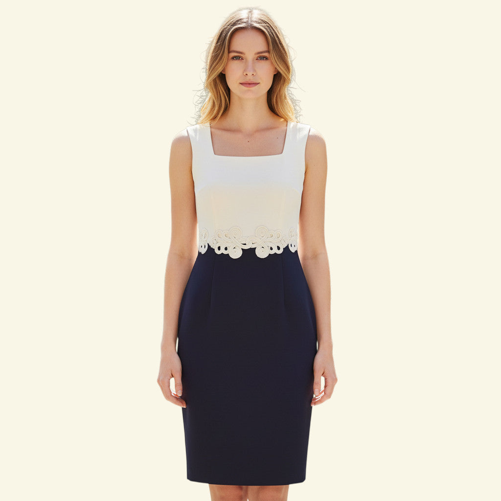 Timelessfashions Phase Eight Oyster & Navy Elizabeth Cord Detail Dress with square neckline and fitted shape.