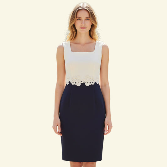 Timelessfashions Phase Eight Oyster & Navy Elizabeth Cord Detail Dress with square neckline and fitted shape.