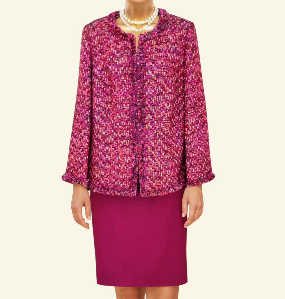 Timelessfashions handmade pink boucle jacket and skirt suit, size UK 16, with frayed trim and pearl necklace.
