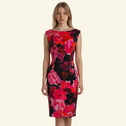 Timelessfashions pink and black floral sleeveless stretch cotton dress with cut-out back detail, size UK 14.