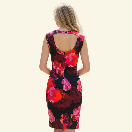 Timelessfashions pink & black floral sleeveless stretch cotton dress with cut-out back detail. UK 14.