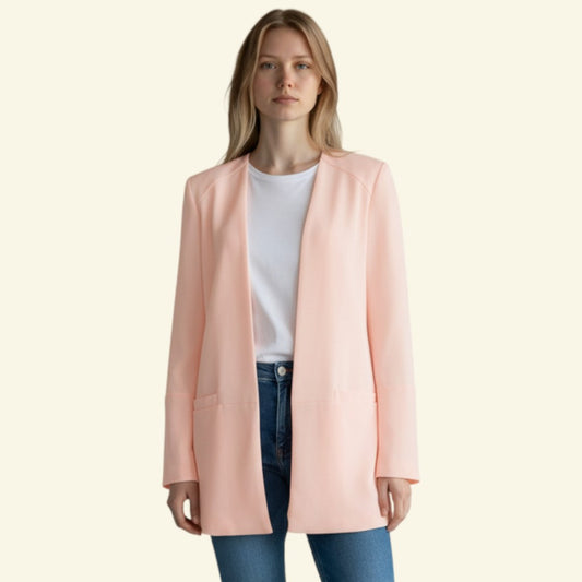 Timelessfashions pink semi-sheer polyester jacket with draped front and two front pockets. Open front design.