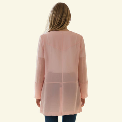 Timelessfashions pink semi-sheer polyester jacket with long sleeves and a relaxed fit.