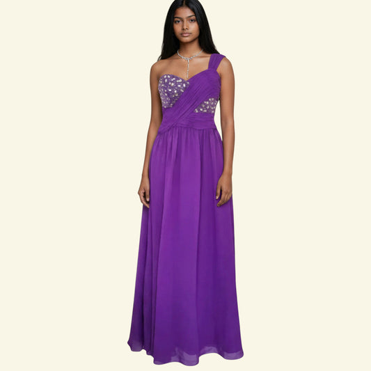 Timelessfashions Amore women's purple one-shoulder prom dress with beaded bodice and flowing polyester skirt. Size UK 8.