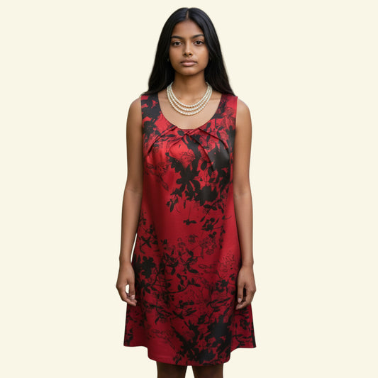 Timelessfashions red and black floral silky dress, lightweight, fully lined, with concealed back zip. Polyester-elastane blend.