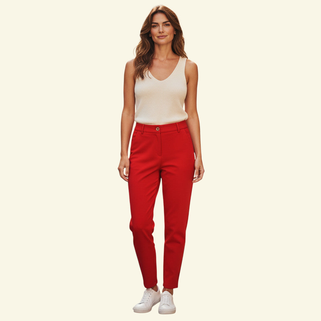 Timelessfashions Marie Mero red berry crepe tapered trousers, size UK 16 EU 44 US 12. 100% polyester.