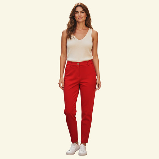 Timelessfashions Marie Mero red berry crepe tapered trousers, size UK 16 EU 44 US 12. 100% polyester.