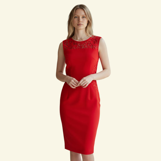 Timelessfashions red sleeveless occasion dress with lace detail on bodice and sides, pencil skirt, and pockets. UK 8.