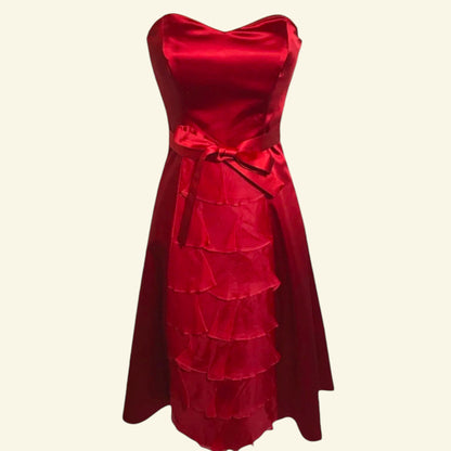 Timelessfashions red satin strapless dress with silk organza tiered ruffle front and satin tie belt. UK 8.