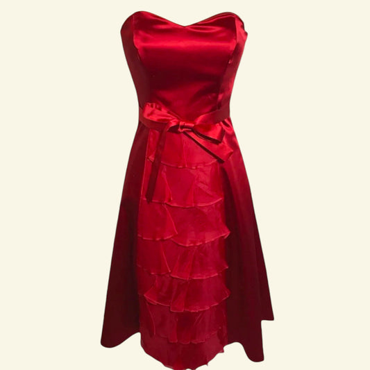 Timelessfashions red satin strapless dress with silk organza tiered ruffle front and satin tie belt. UK 8.
