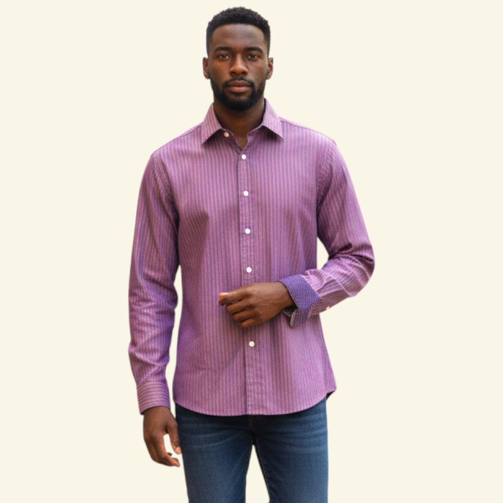 Timelessfashions Rufus men's brown, gold, and lilac striped 100% cotton dress shirt, size M. Features a classic collar and contrasting flip cuffs.