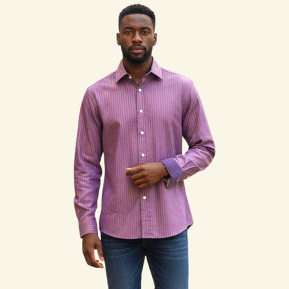 Timelessfashions Rufus men's brown, gold, and lilac striped 100% cotton dress shirt, size M. Features a classic collar and contrasting flip cuffs.