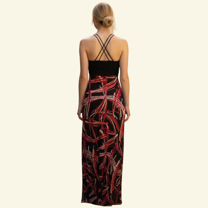 Timelessfashions brown, pink, red & cream silk mix maxi cocktail dress with sweetheart neckline and criss-cross straps.