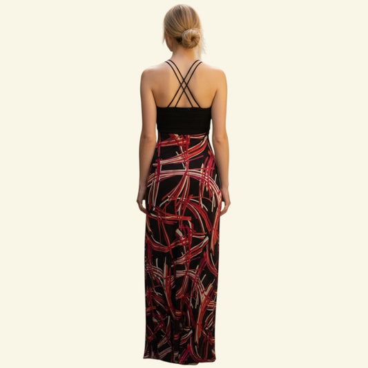 Timelessfashions brown, pink, red & cream silk mix maxi cocktail dress with sweetheart neckline and criss-cross straps.